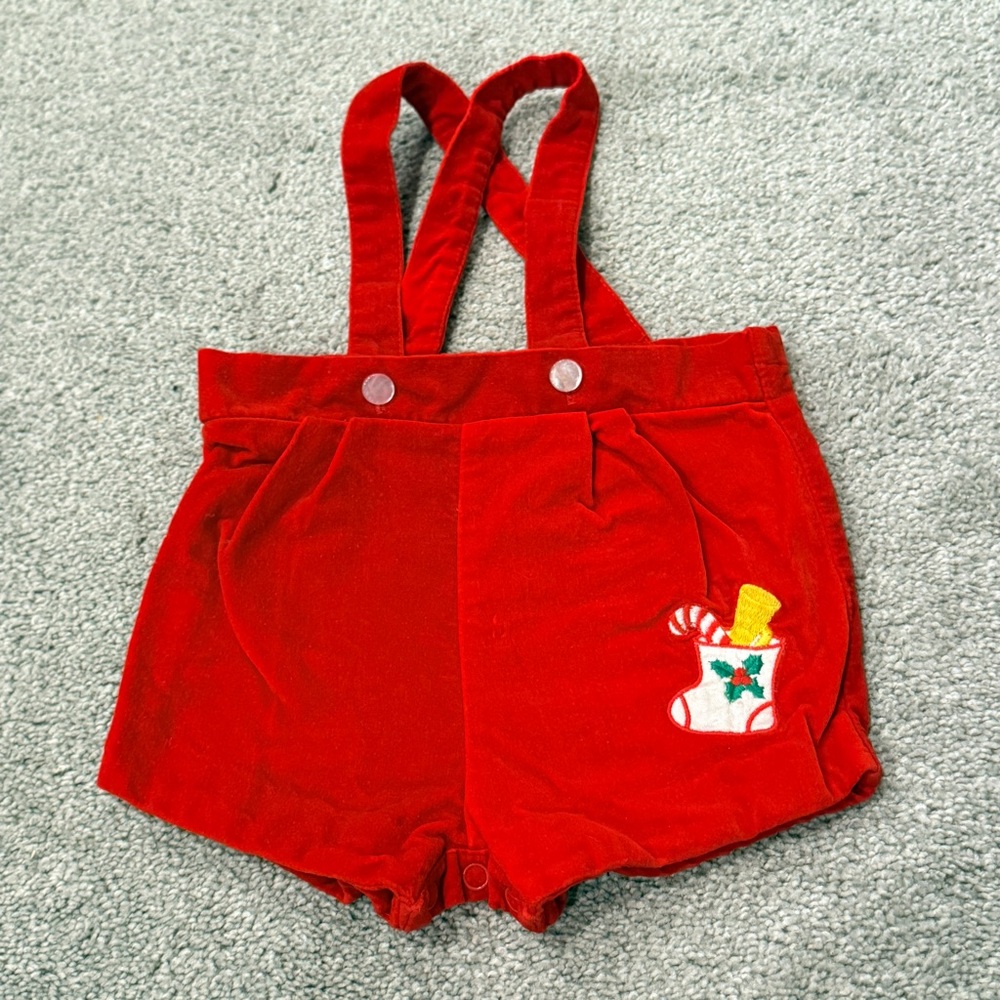 Vintage Baby Boys Holiday  Christmas Red Velvet Romper Embroidered Snap 6-9 mo
